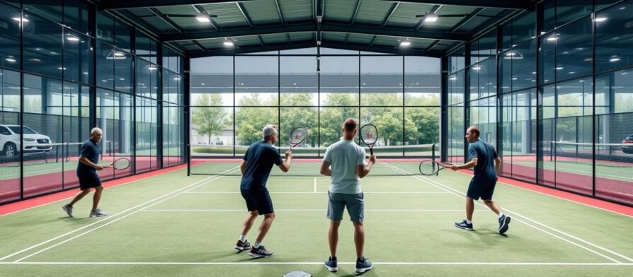 لاعبون يمارسون رياضة البادل في ملعب زجاجي محاط بجدران