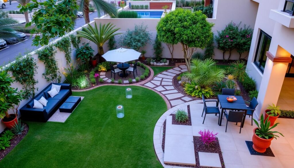 مشروع تنسيق حديقة فيلا في اليرموك مع مساحات خضراء وجلسات خارجية