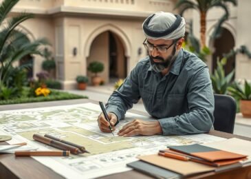 مصمم حدائق محترف يعمل على تخطيط حديقة منزلية في السعودية