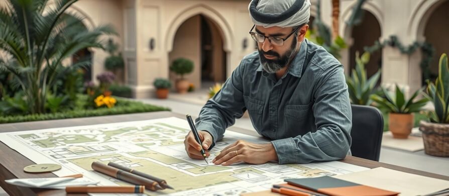 مصمم حدائق محترف يعمل على تخطيط حديقة منزلية في السعودية