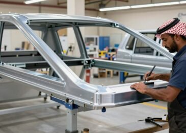 حداد مظلات يعمل على تصنيع مظلة سيارات عالية الجودة في ورشة متخصصة