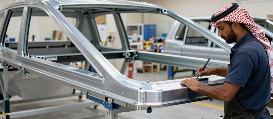 حداد مظلات يعمل على تصنيع مظلة سيارات عالية الجودة في ورشة متخصصة