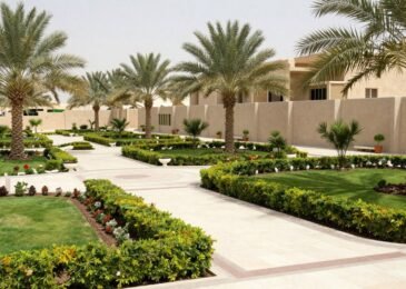 حديقة منسقة في منزل كويتي تظهر التصميم المتناسب مع المناخ المحلي