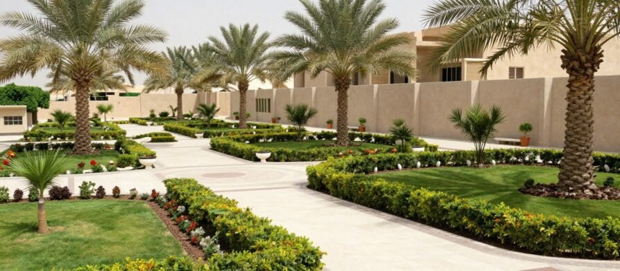 حديقة منسقة في منزل كويتي تظهر التصميم المتناسب مع المناخ المحلي
