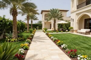 تنسيق حديقة فيلا مع ممرات ونباتات